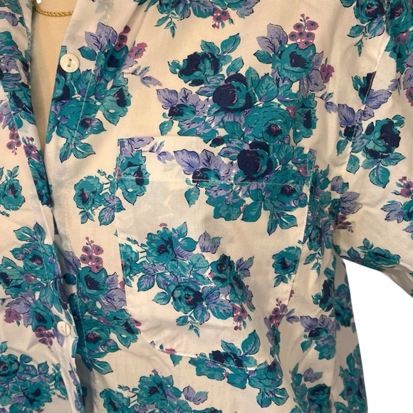 Vintage 90s floral print button down short sleeve shirt white blue M - Picture 8 of 16